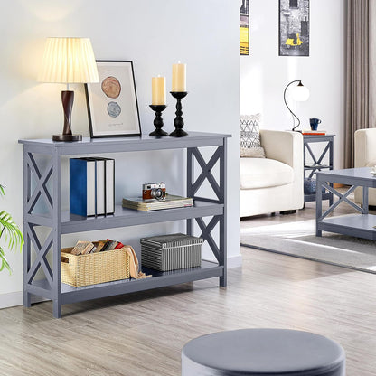 Console Table with 3 Storage Shelves, Entryway Table- Gray