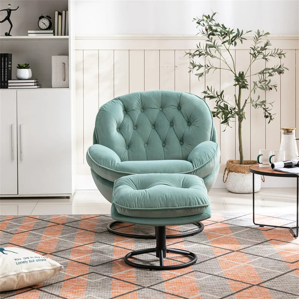 Velvet Swivel Accent Chair with Ottoman Set, Modern Lounge Chair with Footrest and Metal Base Comfy Armchair with 360 Degree Swiveling Single Sofa Chair, Teal