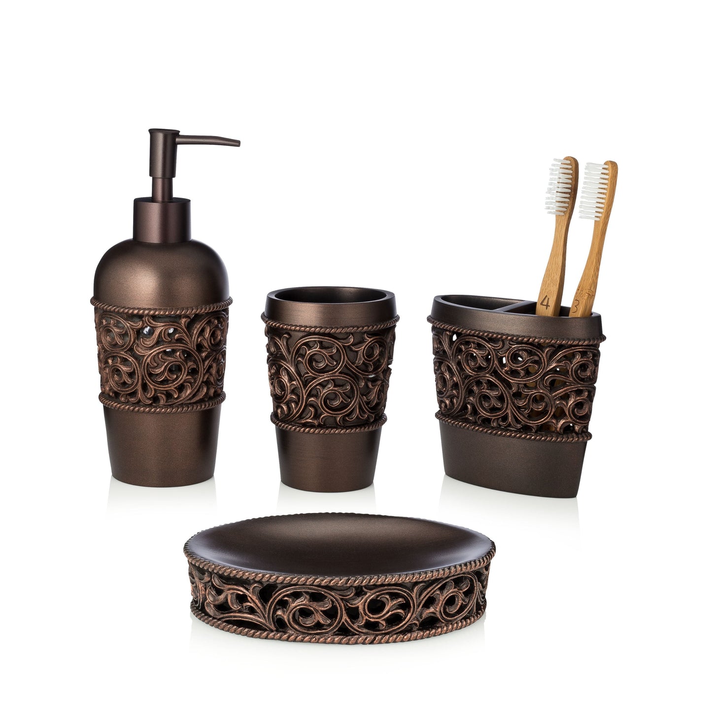 4-Piece Bronze Bathroom Accessory Set, Complete Set Includes: Toothbrush Holder, Lotion Dispenser, Tumbler and Soap Dish