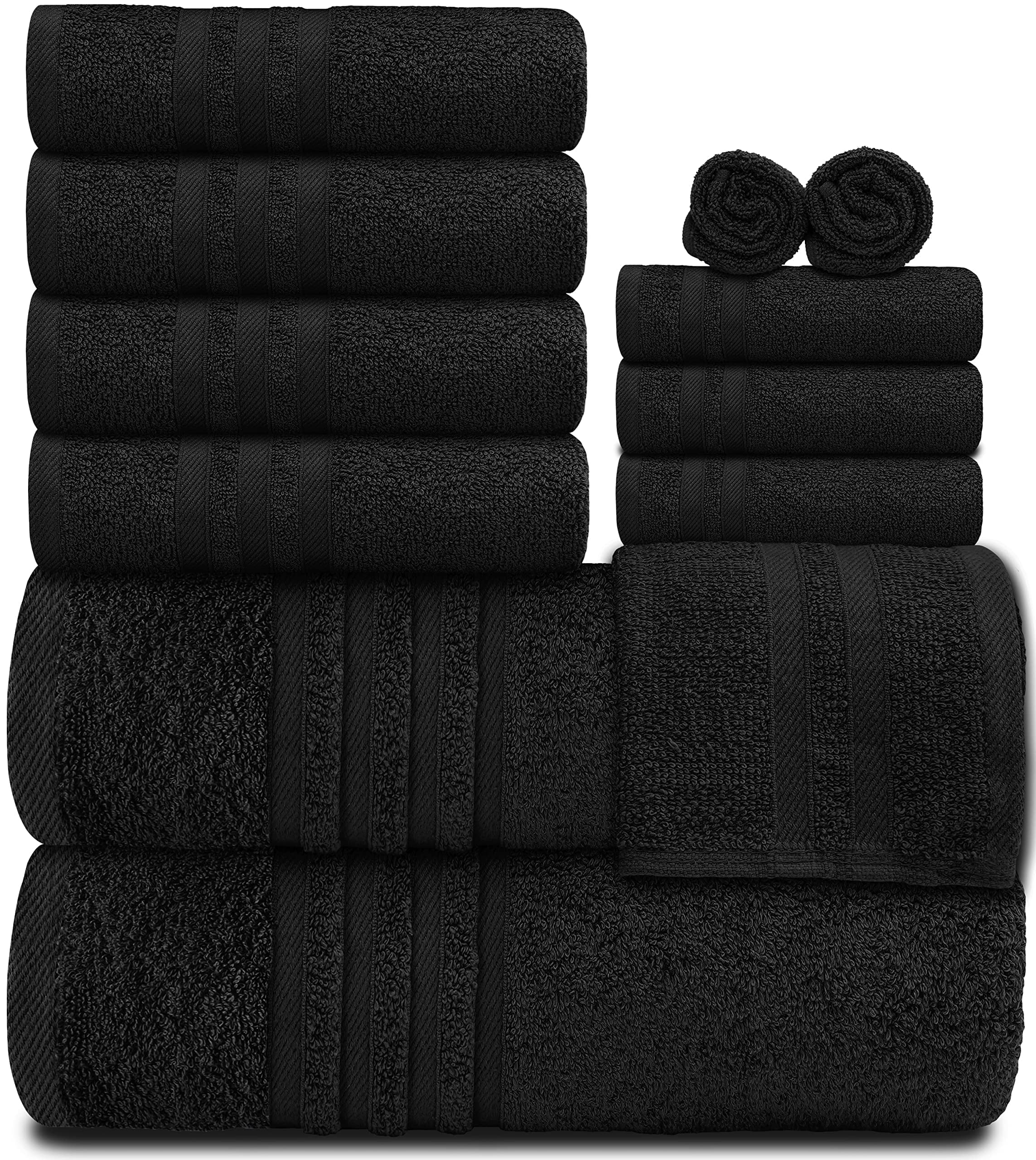 12 Piece Bath Towel Set for Bathroom - Wealuxe Collection 2 Bath Towels, 4 Hand Towels, 6 Washcloths 100% Cotton Soft and Plush Highly Absorbent- Black