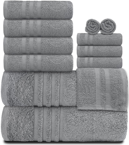 12 Piece Bath Towel Set for Bathroom - Wealuxe Collection 2 Bath Towels, 4 Hand Towels, 6 Washcloths 100% Cotton Soft and Plush Highly Absorbent- Light Gray