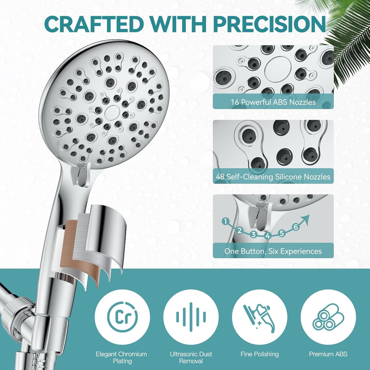 4.3" High Flow Rain High Pressure Shower Head with Handheld, JDO 6 Spray Settings Handheld Showerhead