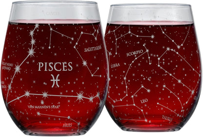 Libra Stemless Wine Glasses Zodiac Libra Set Hand Etched 15 Oz (Set of 2) - Astrology Sign Glassware