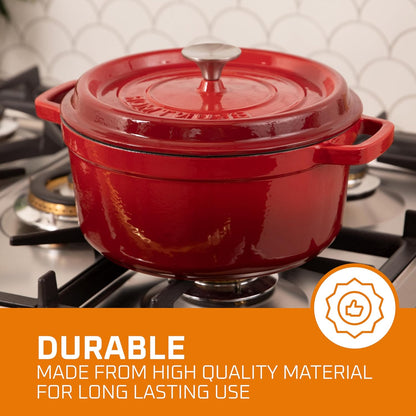 Pre-Seasoned Enameled Cast Iron Dutch Oven with Lid and Handle - 5.2 Quart Heavy Duty Casserole Dish for Cooking, Baking, and Braising - Oven Safe, Durable, round Cast Iron Cooking Pot - Red