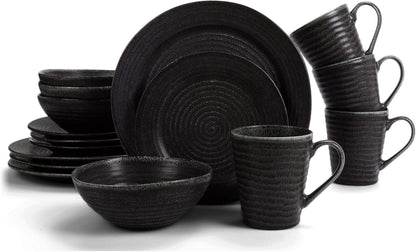 Charming Chic Ribbed Modern Thrown Pottery Look Ceramic Stoneware Plate Platter Mug & Bowl Kitchen Dish Dinnerware 16 Piece Set - Service for 4, Slate Grey