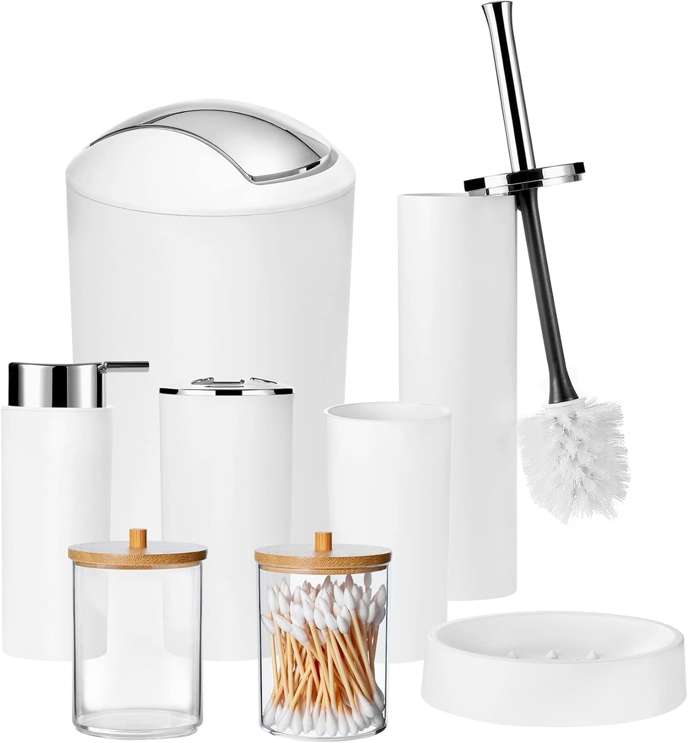 Bathroom Accessories Set with Trash Can,Toilet Brush,Toothbrush Holder, Lotion Soap Dispenser, Soap Dish,Toothbrush Cup,Qtip Holder(8Pcs White Wood Cover)