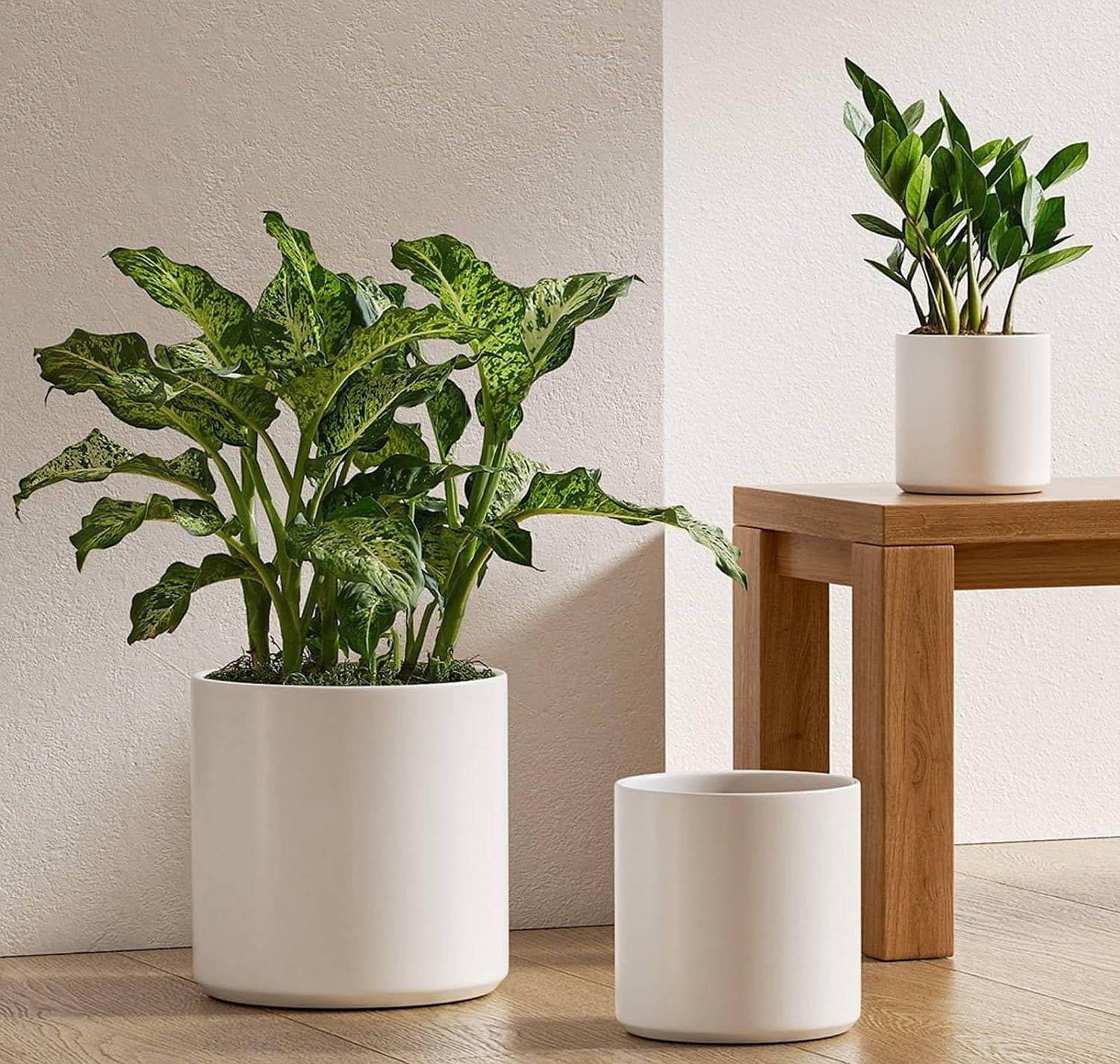 Ceramic Plant Pots, Set of 3 (10"+8"+6") Flower Pots with Drainage Hole and Plug for Indoor & Patio Decor, White Planters