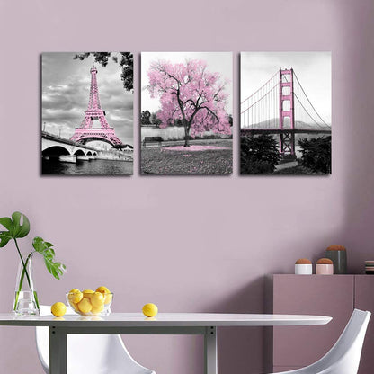 Wall Art for Bedroom Pink Tree Paris Eiffel Tower Golden Gate Bridge Romantic Black and White City Pictures Prints on Canvas