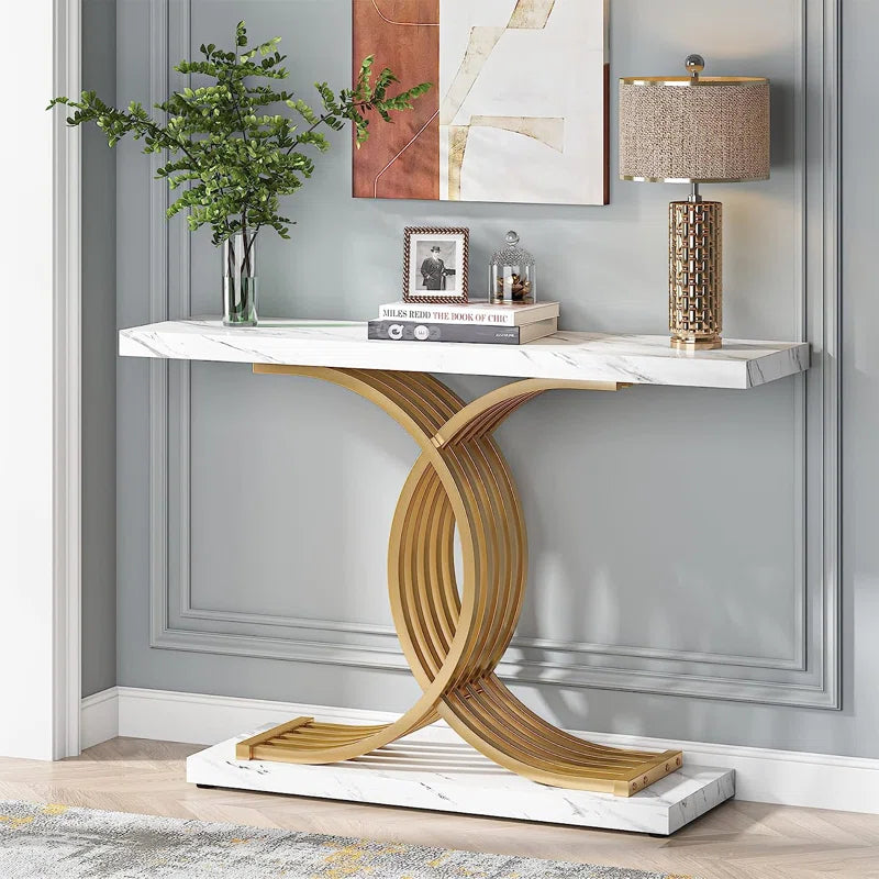 39.37'' White Faux Marble and Gold Metal Console Table Featuring C- Shaped Based