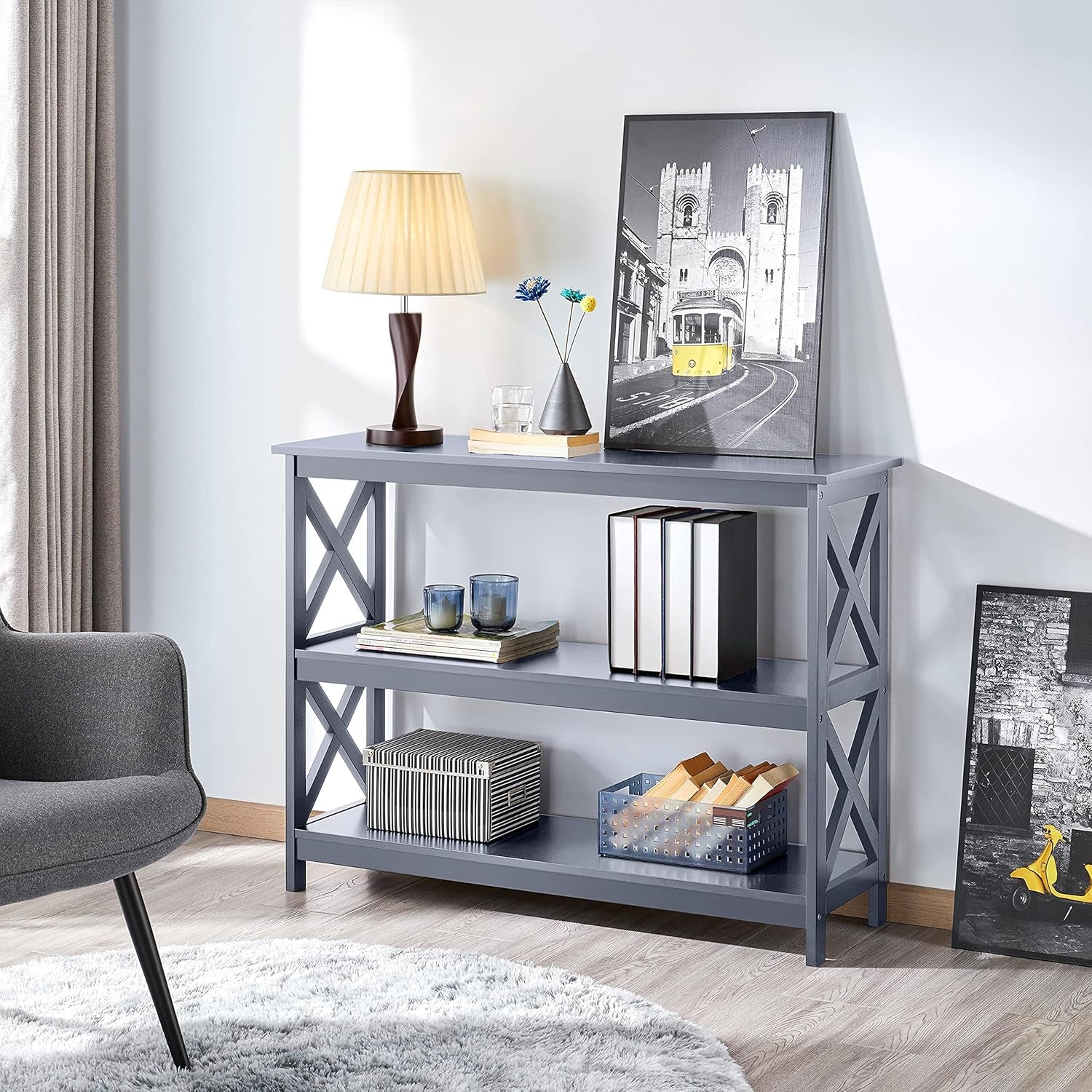 Console Table with 3 Storage Shelves, Entryway Table- Gray