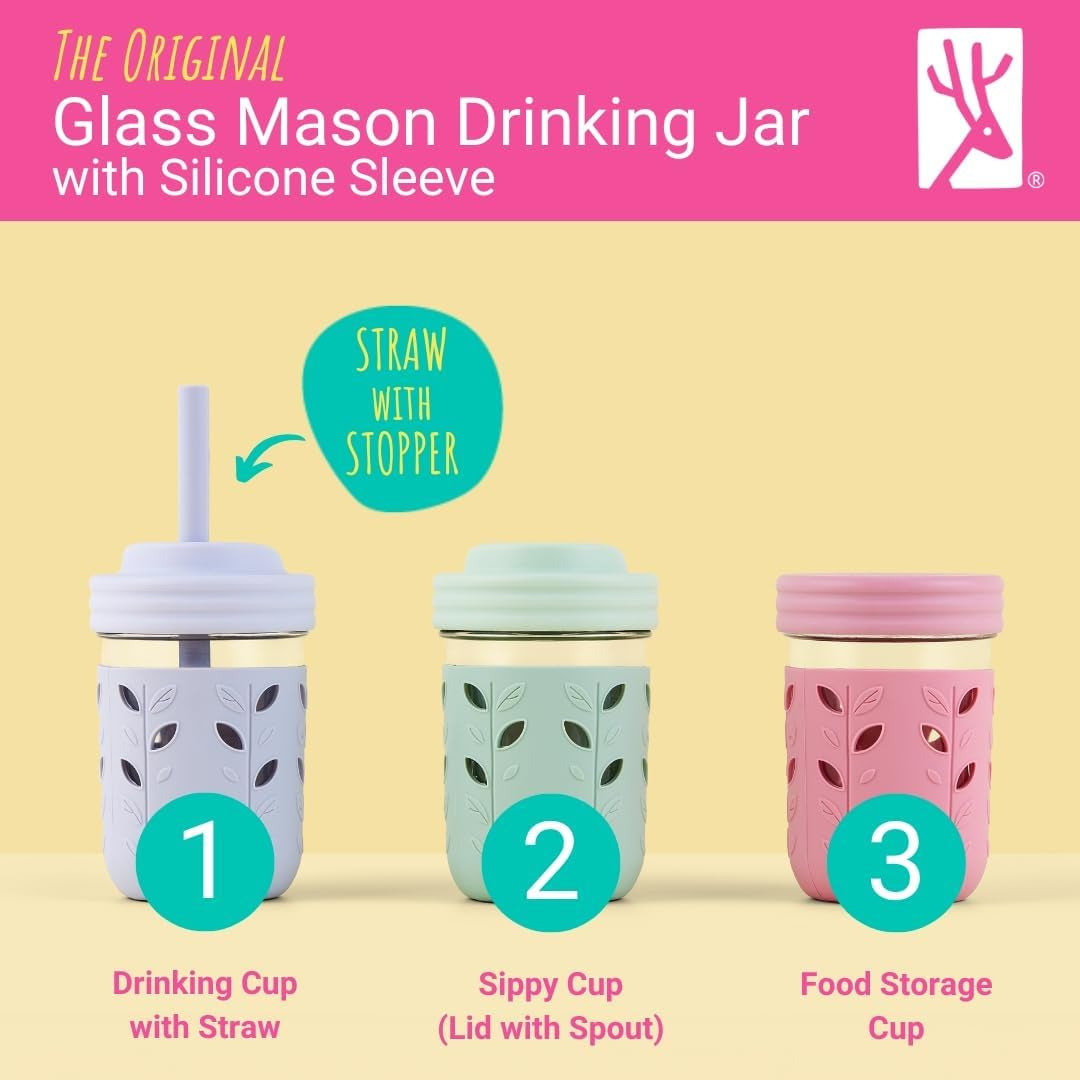 Kids & Toddler Cups, the Original Glass Mason Jars 8 Oz with Silicone Sleeves & Silicone Straws with Stoppers, Smoothie Cups, Spill Proof Sippy Cups for Toddlers