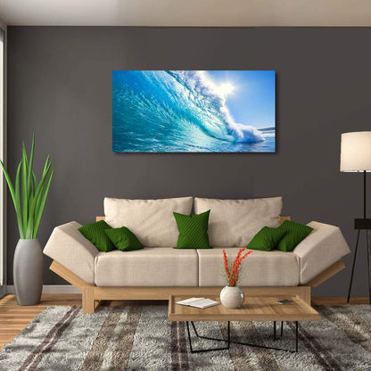 Blue Secape Canvas Prints Wall Art Blue Ocean Wave Surfing Sea Picture Paintings on Canvas, Modern Canvas Art Ready to Hang-24X48 Inches