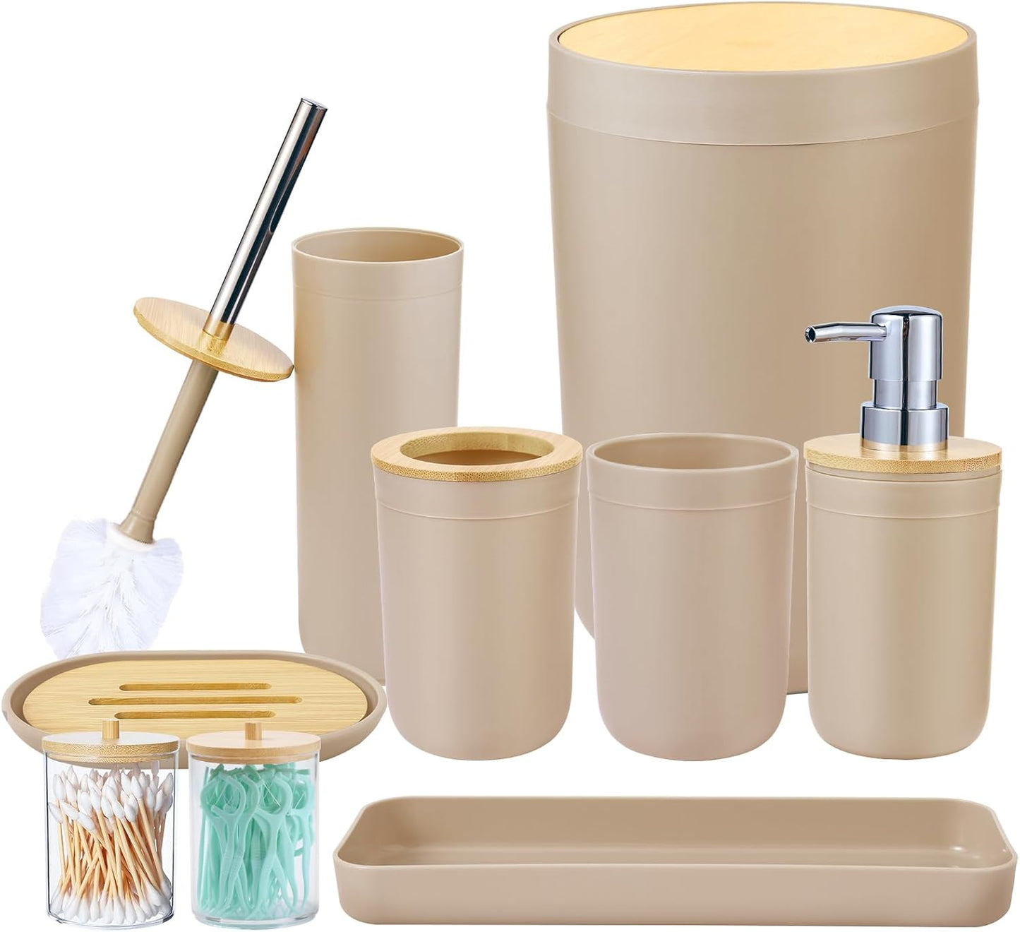 Bathroom Accessories Set with Trash Can,Toilet Brush,Toothbrush Holder, Lotion Soap Dispenser, Soap Dish,Toothbrush Cup,Qtip Holder(8Pcs White Wood Cover)