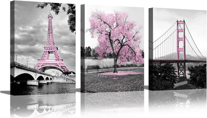 Wall Art for Bedroom Pink Tree Paris Eiffel Tower Golden Gate Bridge Romantic Black and White City Pictures Prints on Canvas