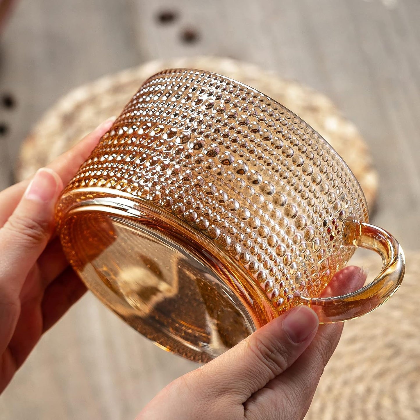 Vintage Coffee Mugs 14 Oz Set of 2 Amber Embossed Glass Tea Cups for Cappccino, Latte,Cereal, Yogurt, Beverage