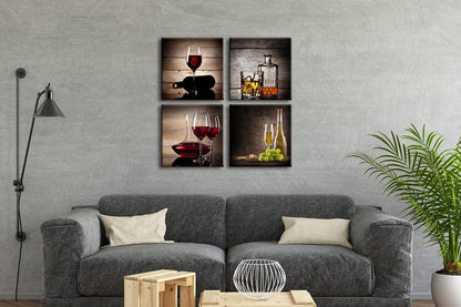 Red Wine Cups Modern Kitchen Wall Art, 4 Panels Abstract Canvas Prints Artwork, Contemporary Vintage Pictures/ Paintings on Canvas