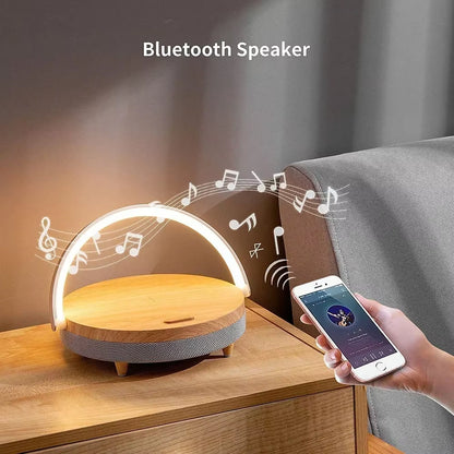 Multifuction Wireless Charger Bluetooth Speaker for Iphone 14 &15 Wooden Table Lamp High Power Charging Light Speaker Bluetooth