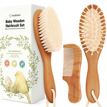 Baby Hair Brush and Comb Set for Newborn - Wooden Baby Hair Brush With Goat Bristles  and Comb Set Girl/ Boy, Toddler Cradle Cap Brush (Oval, Walnut)