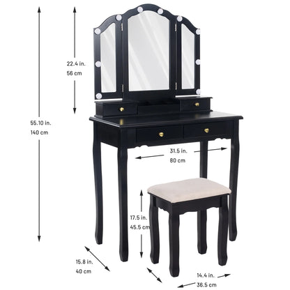 Vanity, Tri-Fold Makeup Vanity with Mirror, Lights and Padded Vanity Stool, Vintage Solid Wooden Vanity Set for Bedroom, 5 Drawers, 2 Brush Slots and 2 Open Compartments, Black Finish