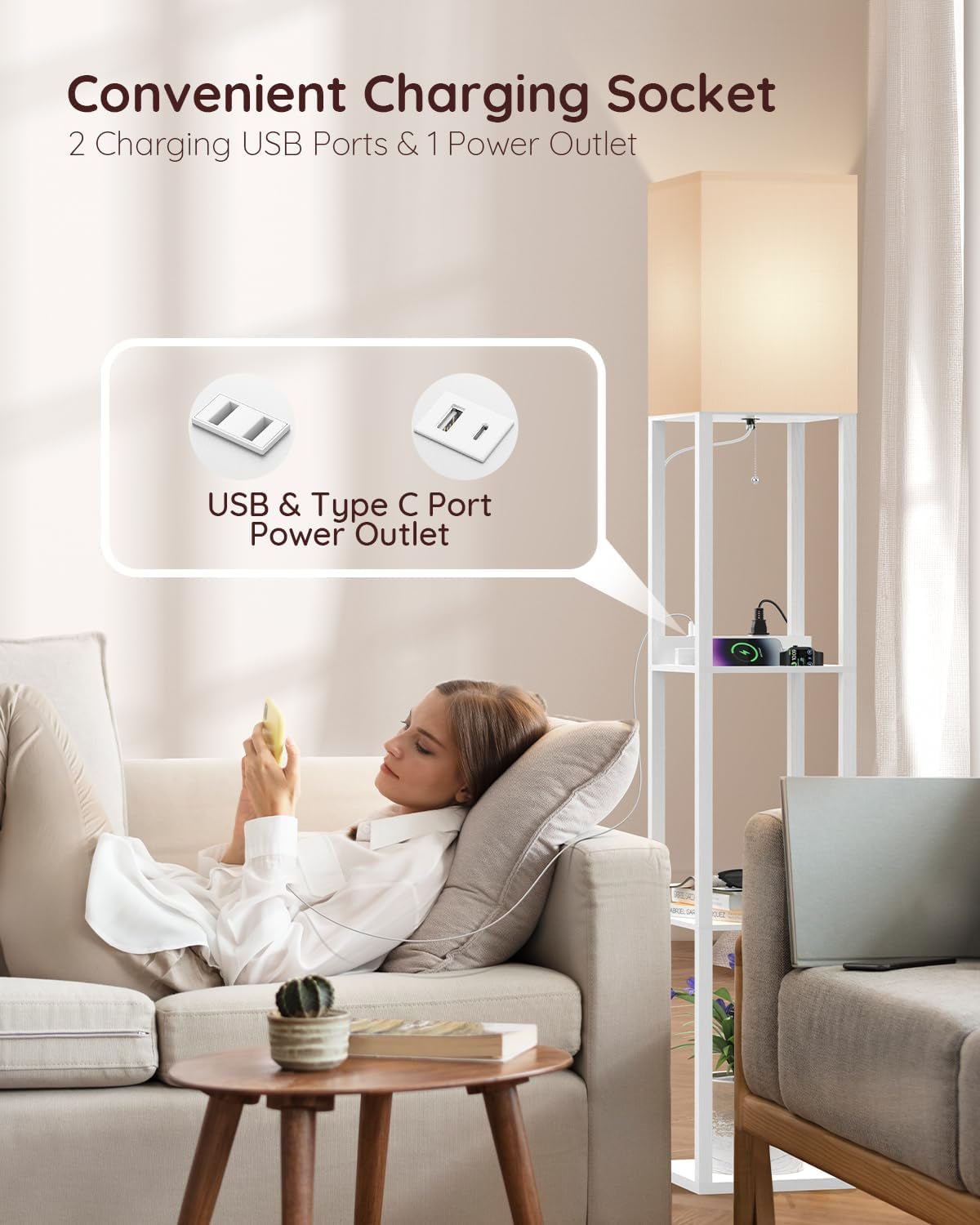 Floor Lamp with Shelves, Shelf USB Floor Lamp, 3 Color Temperatures Solid Wood Floor Lamp with 2 Charging Ports and 1 Power Outlet, Bulb Included, White