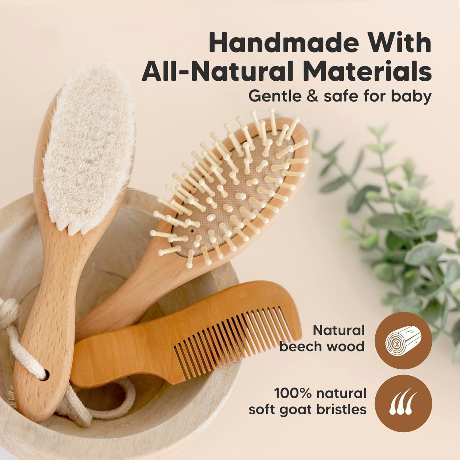 Baby Hair Brush and Comb Set for Newborn - Wooden Baby Hair Brush With Goat Bristles  and Comb Set Girl/ Boy, Toddler Cradle Cap Brush (Oval, Walnut)