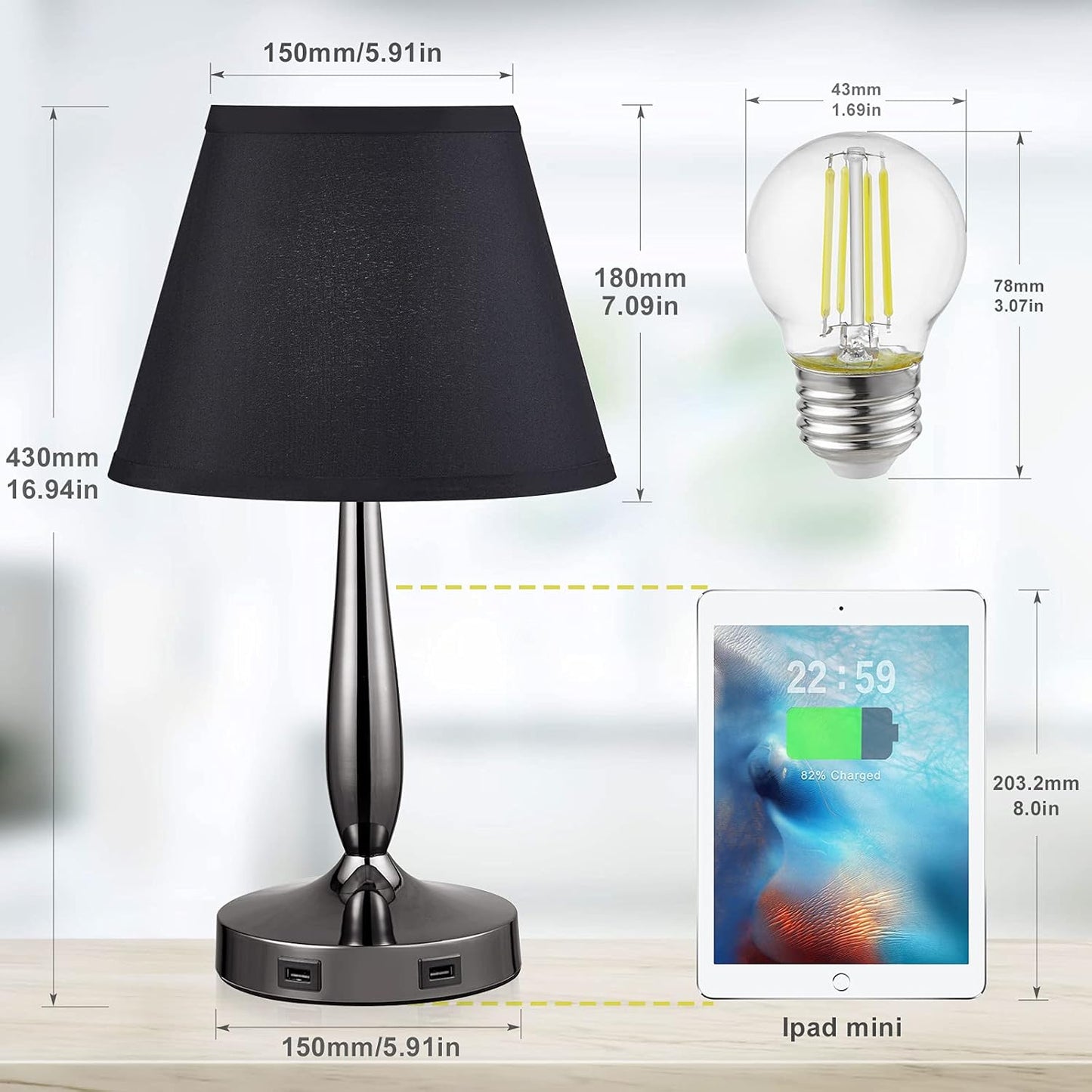 3-Way Dimmable Bedside Touch Lamps, Small Nightstand Lamps with USB Ports with Metal Base