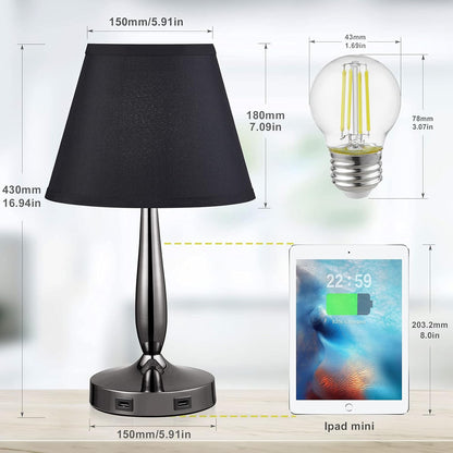 3-Way Dimmable Bedside Touch Lamps, Small Nightstand Lamps with USB Ports with Metal Base