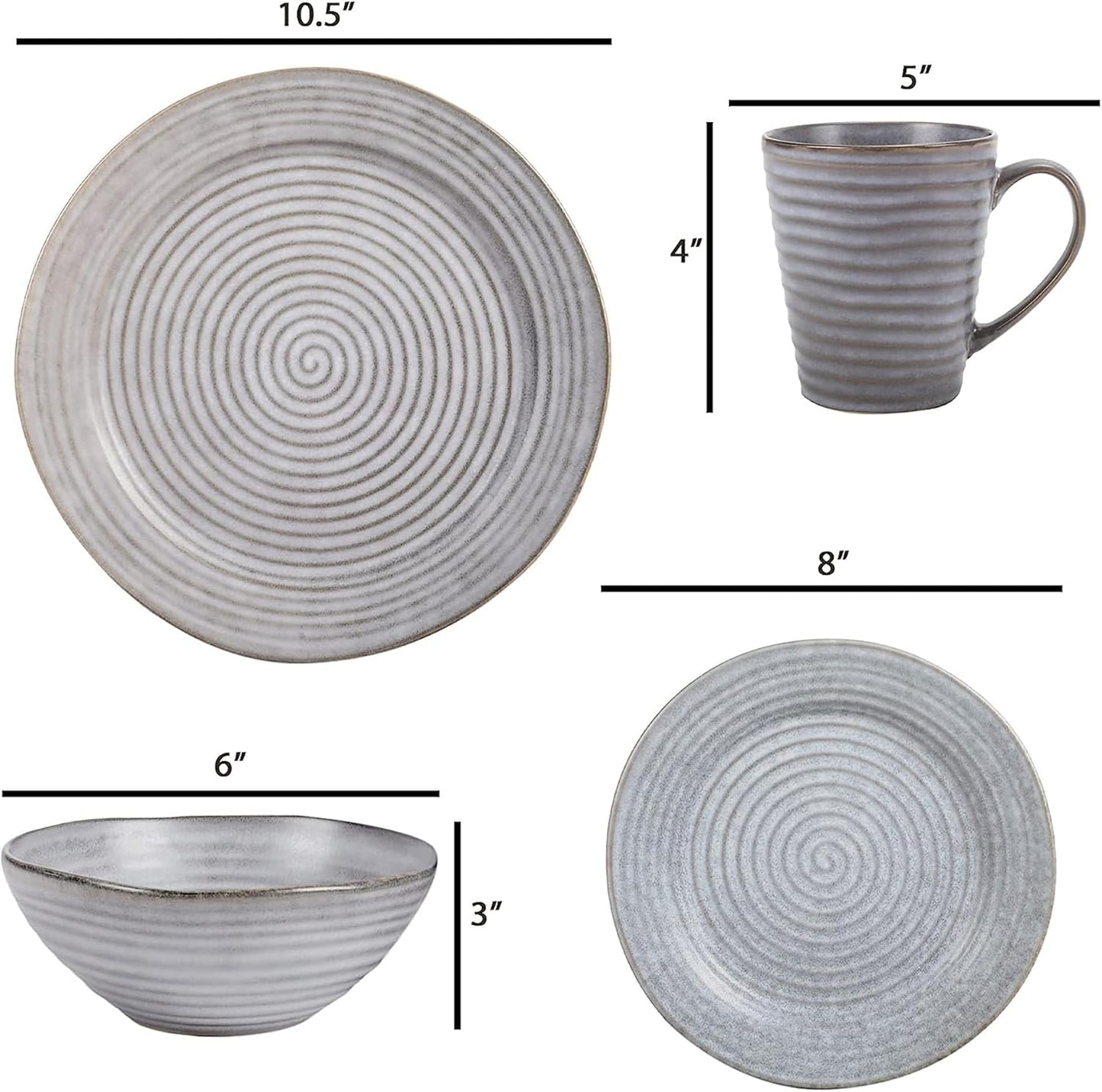 Charming Chic Ribbed Modern Thrown Pottery Look Ceramic Stoneware Plate Platter Mug & Bowl Kitchen Dish Dinnerware 16 Piece Set - Service for 4, Slate Grey