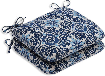 Damask Indoor/Outdoor Chair Seat Cushion with Ties Squared Corner, Plush Fiber Fill, Weather, and Fade Resistant, 20" X 20", Blue Basalto Navy 2 Count