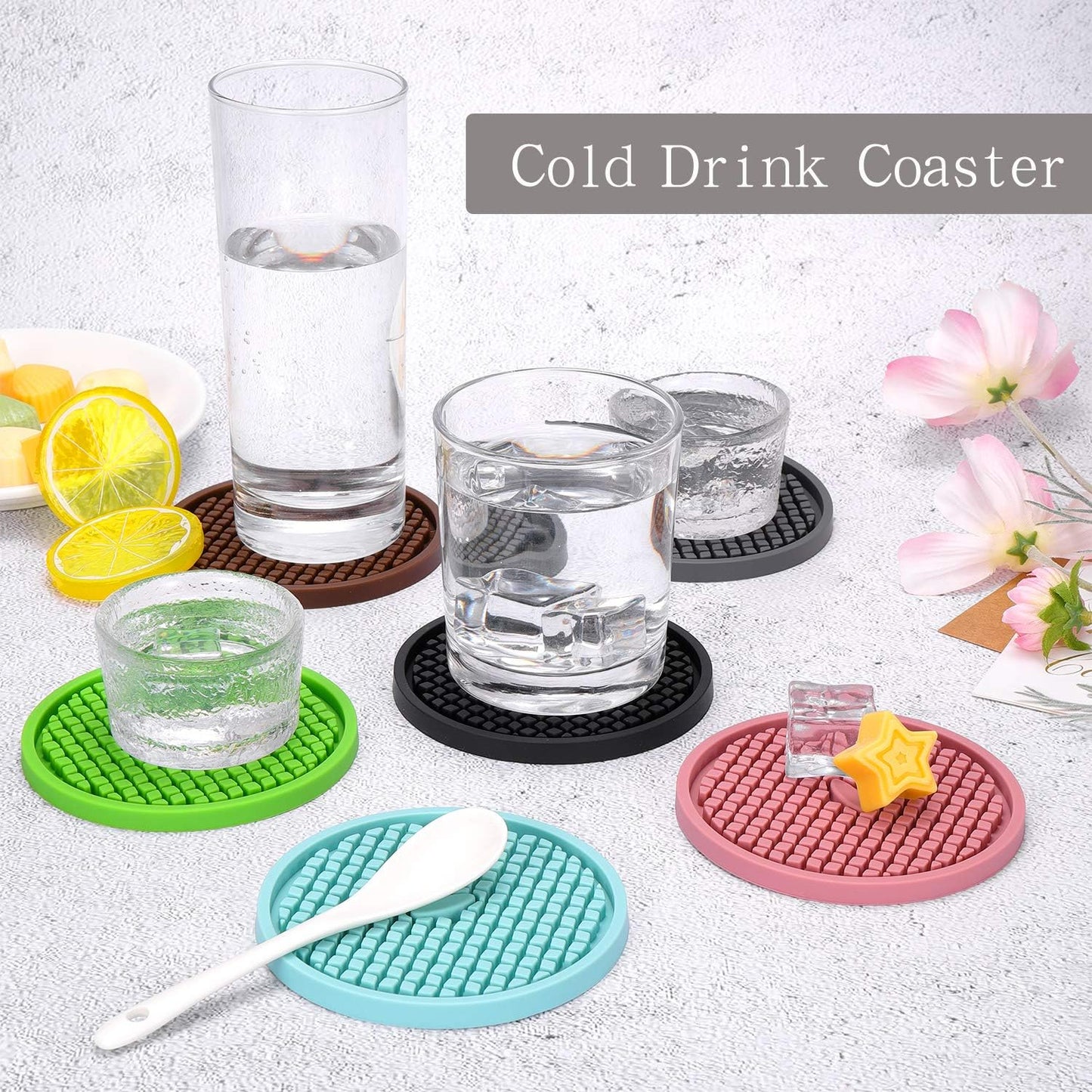 Silicone Coasters [6 Pack] Thickened Drink Coasters with Holder - Cup Mat - Non-Slip, Non-Stick, Stay Put, Deep Tray- (Gray)