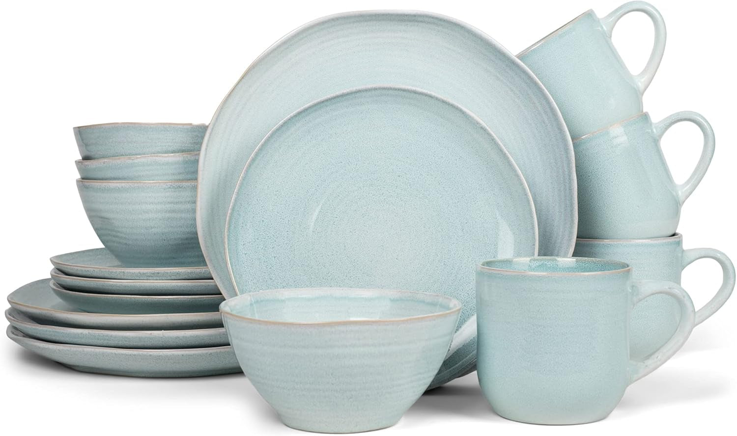 Reactive Glaze Farmhouse Rustic Boho Ceramic Stoneware Dinnerware 16 Piece Plate Bowl Mug Dish Set - Service for 4, Ice Blue