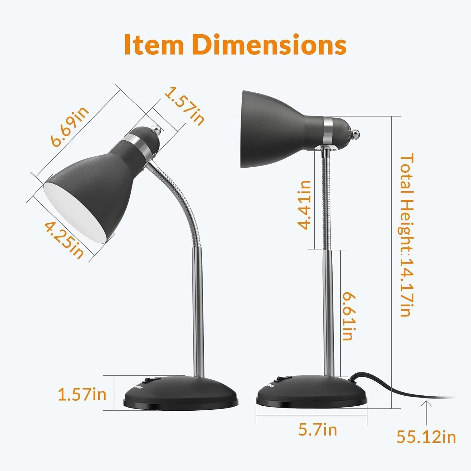 Metal Desk Lamp, Eye-Caring Table Lamp, Study Lamps with Flexible Goose Neck (Matte Black)