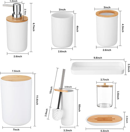 Bathroom Accessories Set with Trash Can,Toilet Brush,Toothbrush Holder, Lotion Soap Dispenser, Soap Dish,Toothbrush Cup,Qtip Holder(8Pcs White Wood Cover)