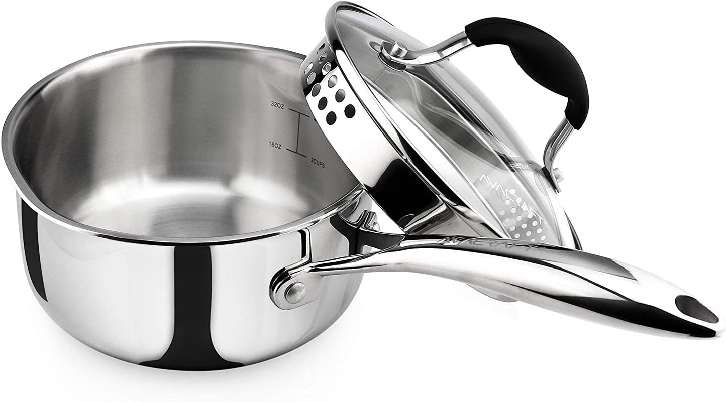 Tri-Ply Stainless Steel Saucepan with Glass Strainer Lid, Two Side Spouts, Multipurpose Sauce Pan with Lid, Sauce Pot, Cooking Pot (Tri-Ply Full Body, 3.5 Quart)