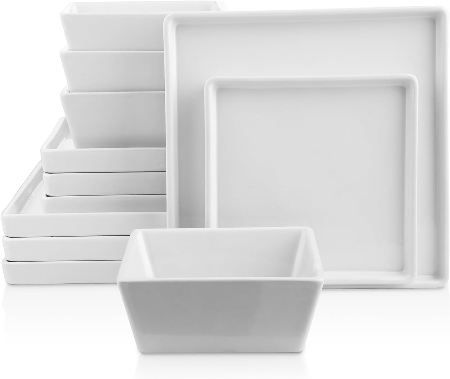 Grace Square Stoneware Dinnerware Set, 12 Piece Service for 4, Plates and Bowls Dish Set, White