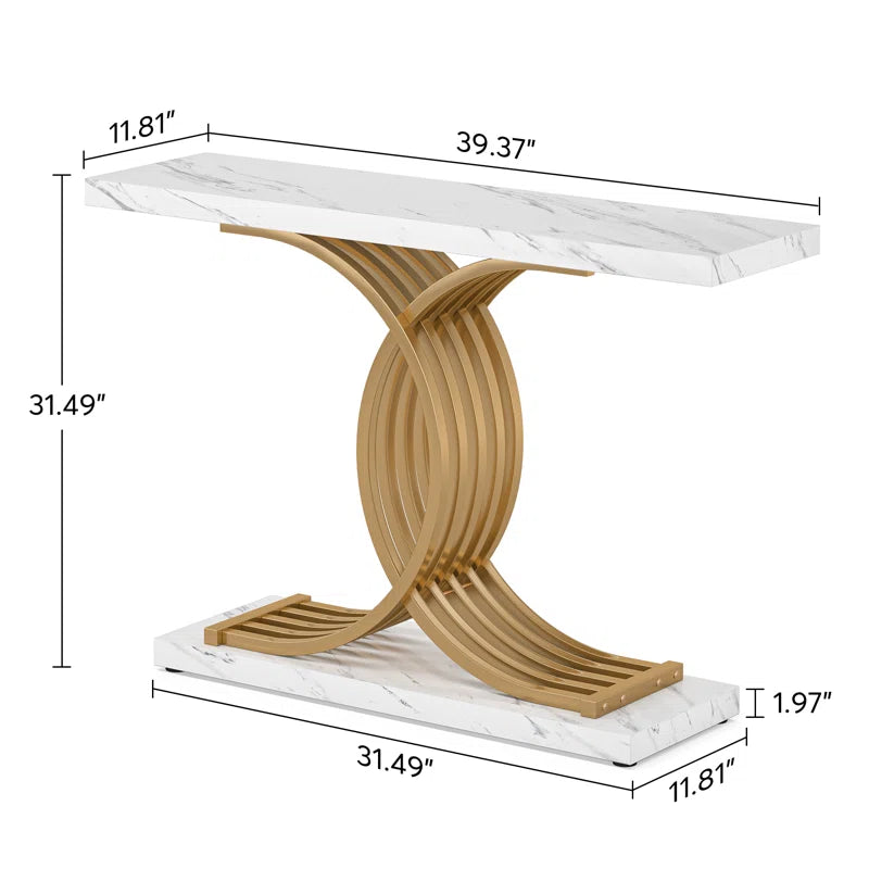 39.37'' White Faux Marble and Gold Metal Console Table Featuring C- Shaped Based