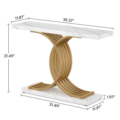 39.37'' White Faux Marble and Gold Metal Console Table Featuring C- Shaped Based