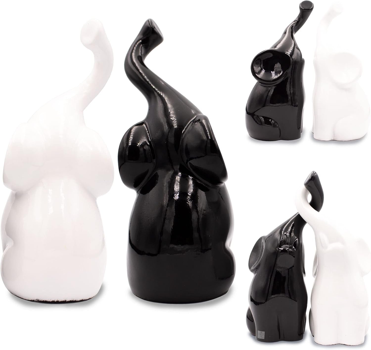 Elephant Pair Statues with Trunk up - Poly Stone Elephant Decor Figurine - Black White Elephant Statuette for Good Luck