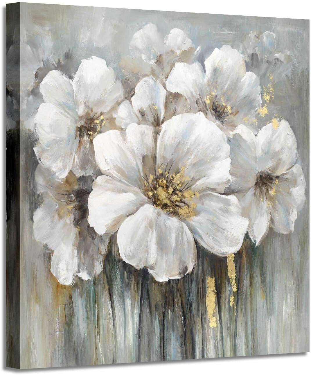 Large Flower Canvas Wall Art - Abstract Floral Painting White Blooming Floral Pictures Artwork