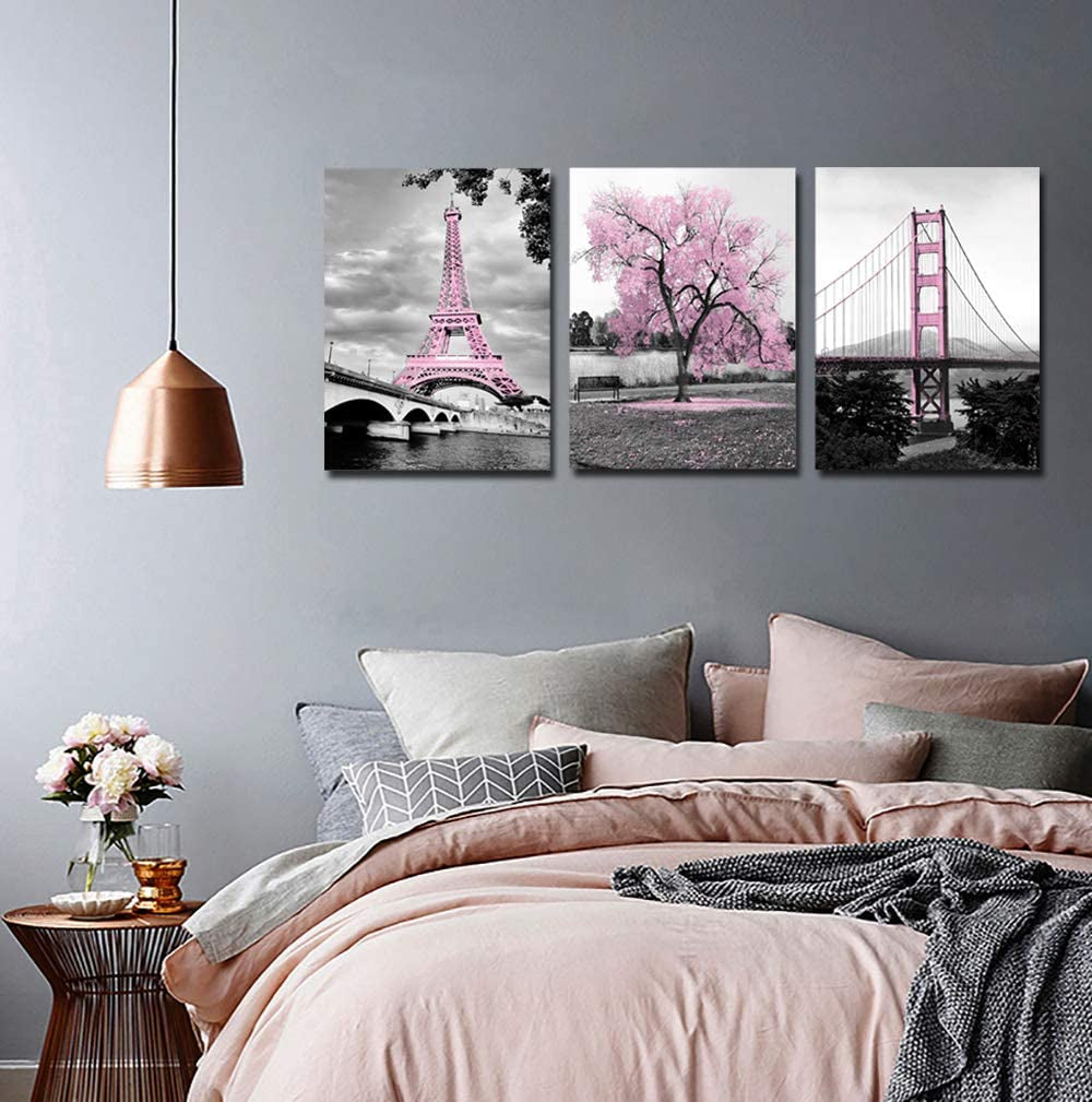 Wall Art for Bedroom Pink Tree Paris Eiffel Tower Golden Gate Bridge Romantic Black and White City Pictures Prints on Canvas