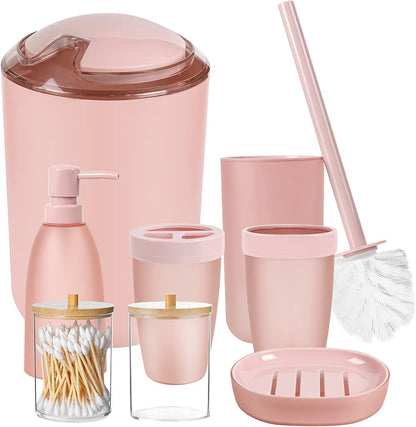 Bathroom Accessories Set with Trash Can,Toilet Brush,Toothbrush Holder, Lotion Soap Dispenser, Soap Dish,Toothbrush Cup,Qtip Holder(8Pcs White Wood Cover)