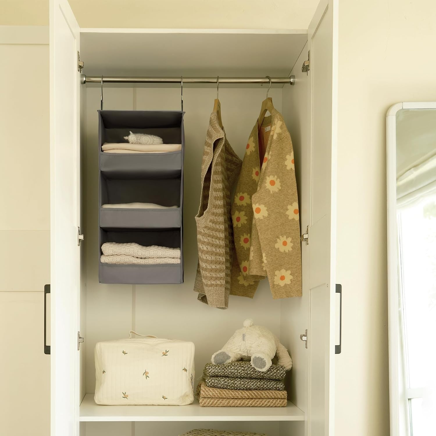 3-Shelf Hanging Closet Organizer and Storage, Collapsible Hanging Closet Shelves, Gray, 29 ½" H X 12" W X 12" D, 1-Pack