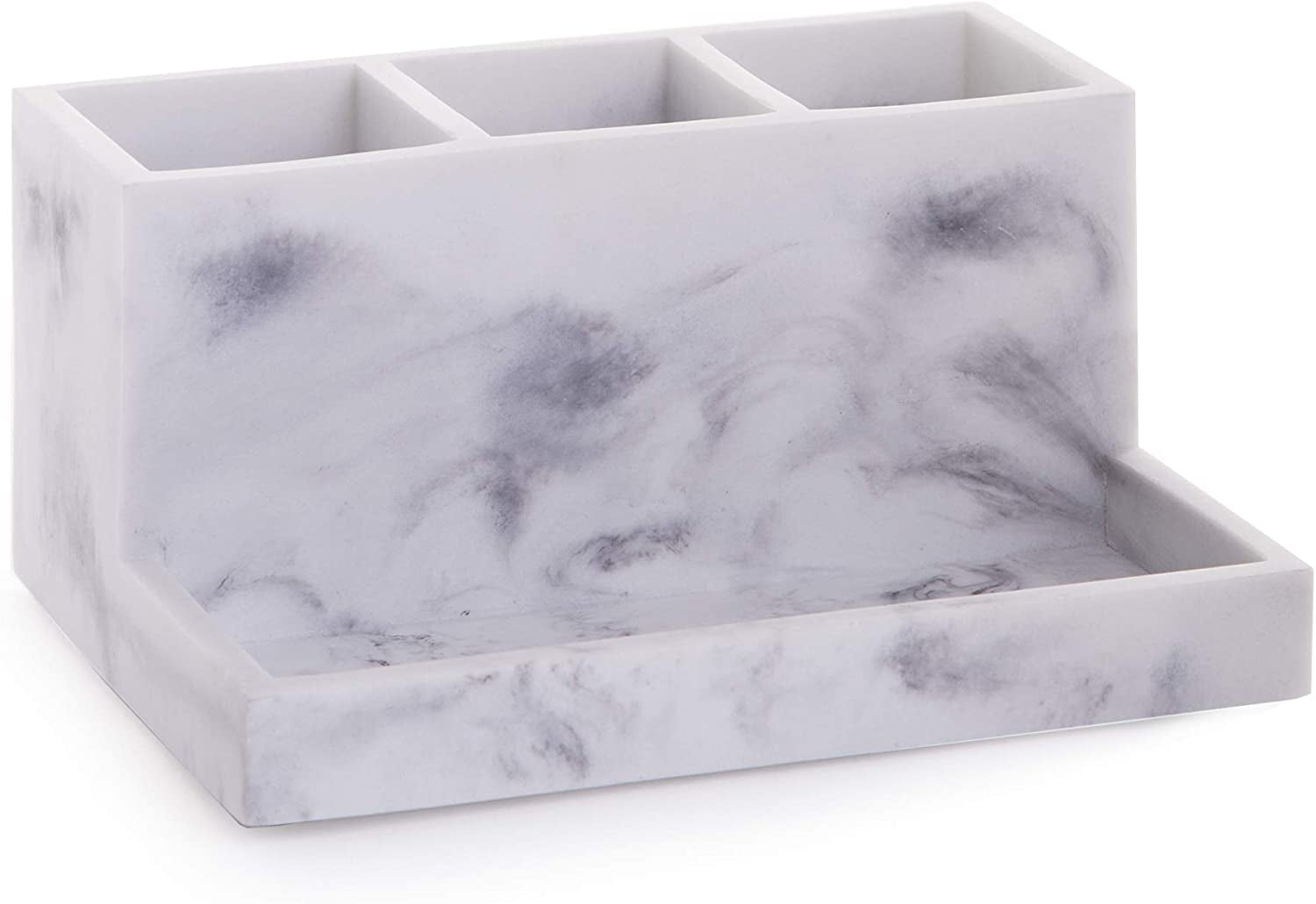 Multi- Purpose 3 Compartment Organizer with Tray- Makeup Brush Holder, Makeup Brush Organizer, Toothbrush Holder Marble Bathroom Accessories (Matte Marble)