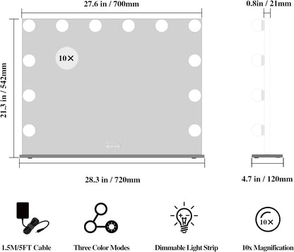 28.3X21.3 Inch Large Vanity Mirror with Lights,Light up Mirror Dressing Table Mirror with 10X Maynifying Mirror, Intelligent Touch Switch, Desktop/Wall Mounted Mirror