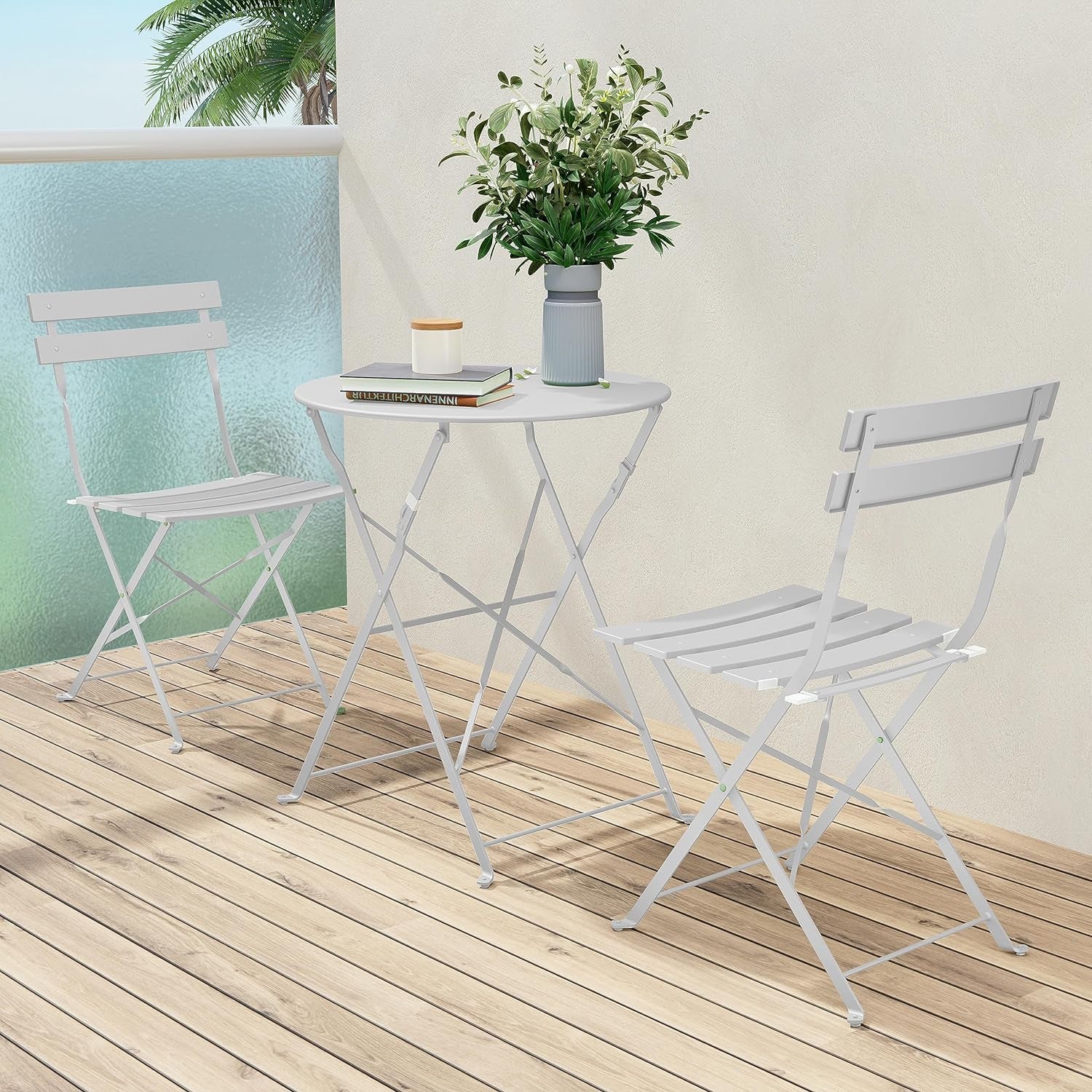 3-Piece Bistro Set Folding Outdoor Furniture Sets with Premium Frame Portable Design for Bistro & Balcony, White