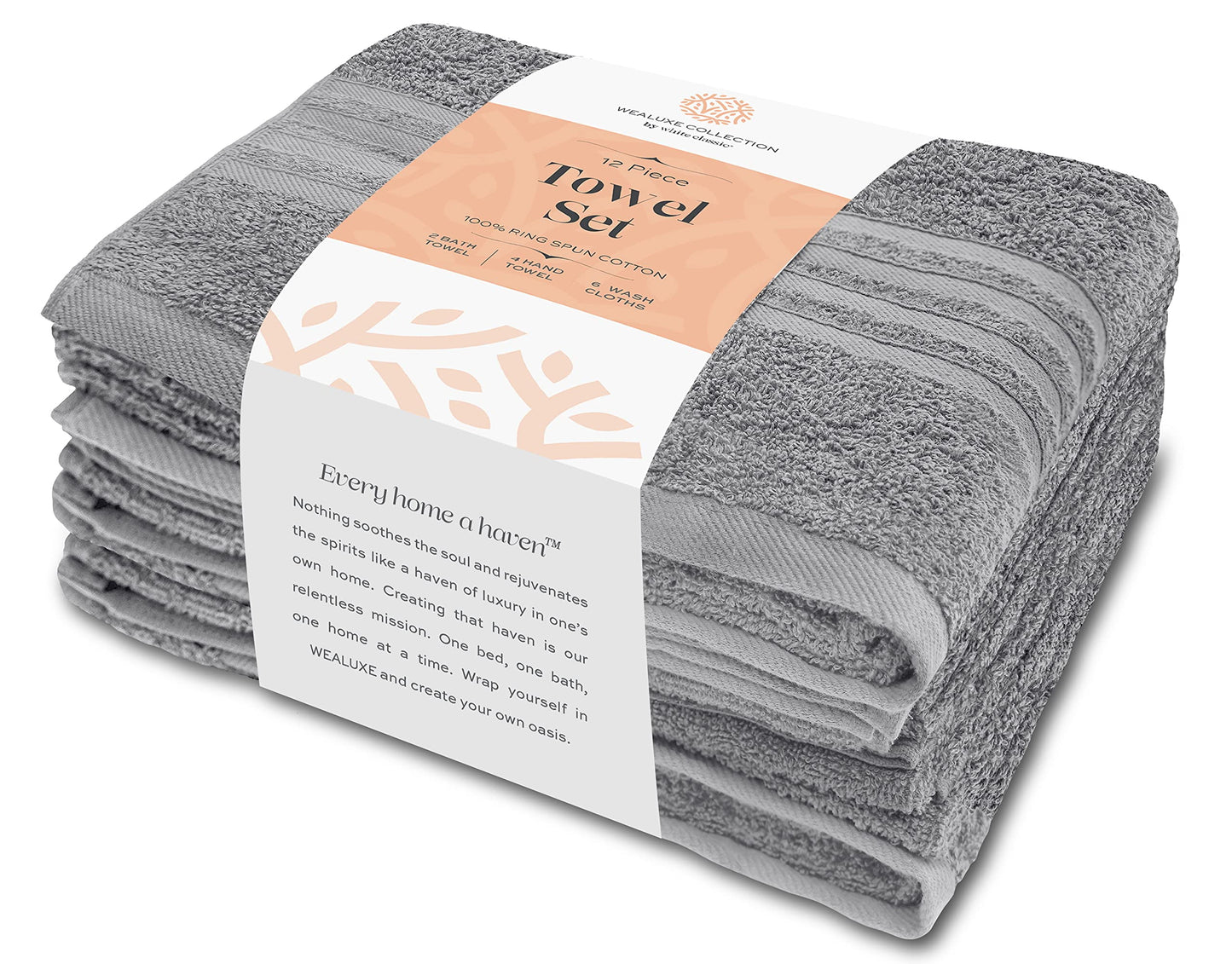 12 Piece Bath Towel Set for Bathroom - Wealuxe Collection 2 Bath Towels, 4 Hand Towels, 6 Washcloths 100% Cotton Soft and Plush Highly Absorbent- Light Gray