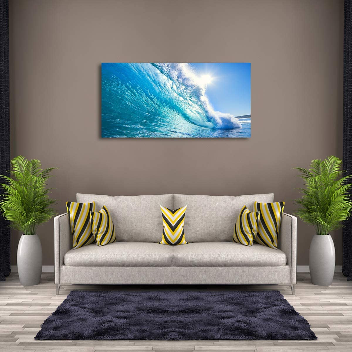 Blue Secape Canvas Prints Wall Art Blue Ocean Wave Surfing Sea Picture Paintings on Canvas, Modern Canvas Art Ready to Hang-24X48 Inches