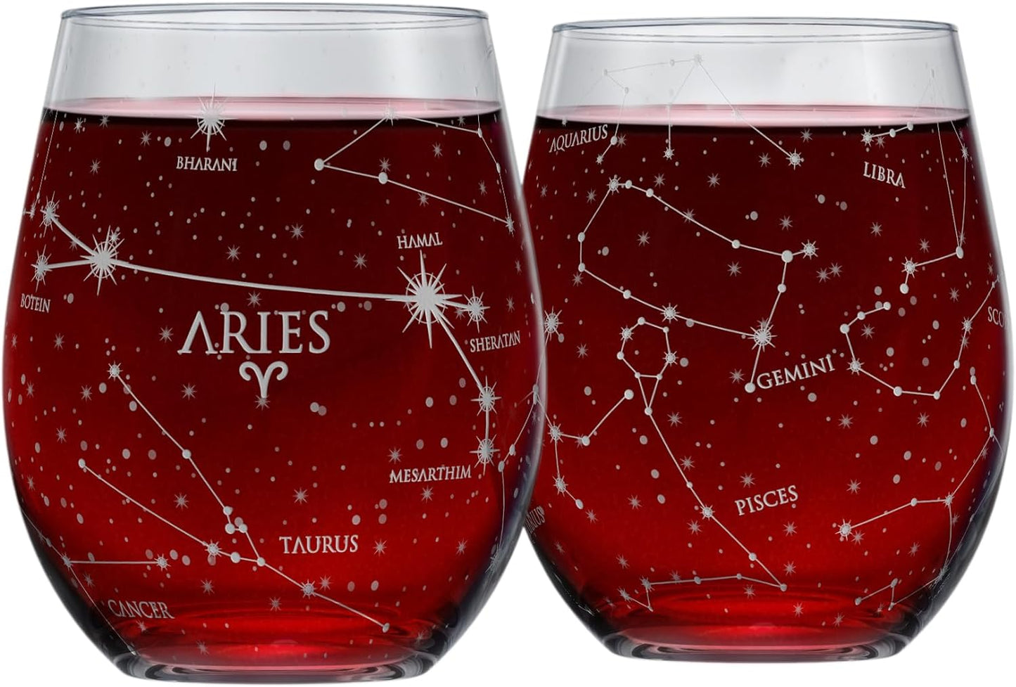 Libra Stemless Wine Glasses Zodiac Libra Set Hand Etched 15 Oz (Set of 2) - Astrology Sign Glassware