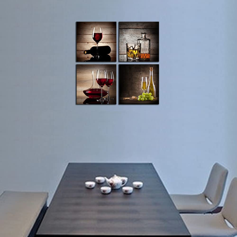 Red Wine Cups Modern Kitchen Wall Art, 4 Panels Abstract Canvas Prints Artwork, Contemporary Vintage Pictures/ Paintings on Canvas