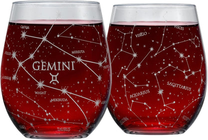 Libra Stemless Wine Glasses Zodiac Libra Set Hand Etched 15 Oz (Set of 2) - Astrology Sign Glassware